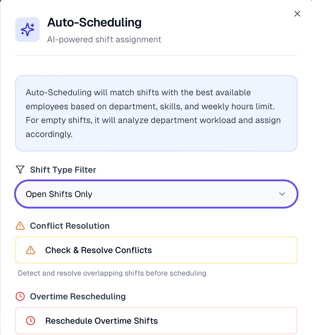 AI auto-scheduling with conflict resolution and overtime rescheduling