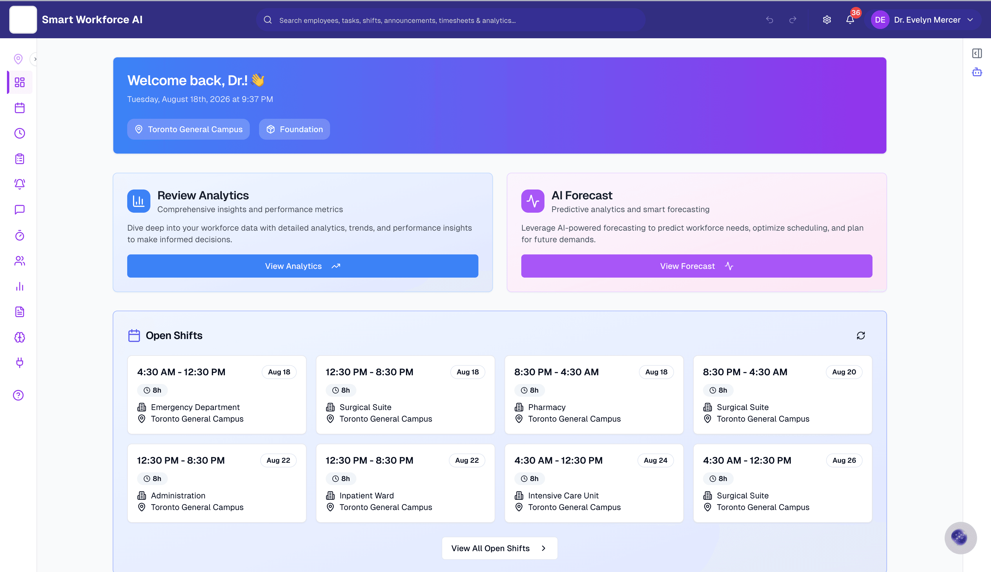 Live operations view with open shifts across departments