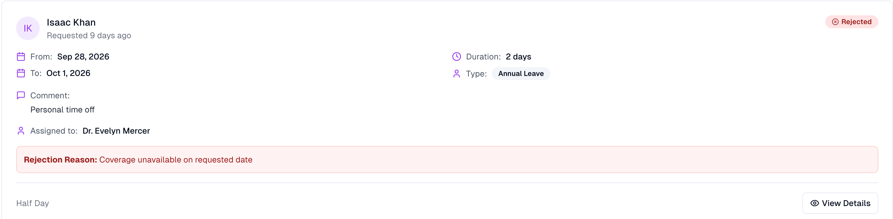 A leave request denied with its reason: coverage unavailable on the requested date