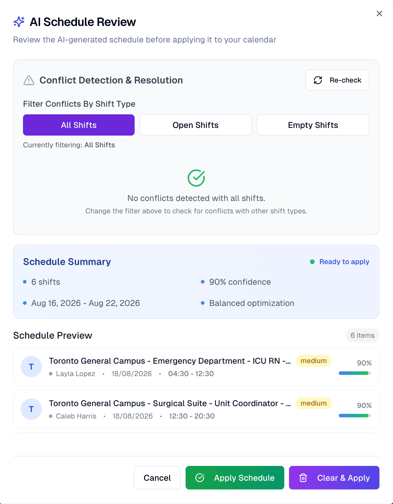 AI schedule review with conflict detection, confidence score, and one-click apply