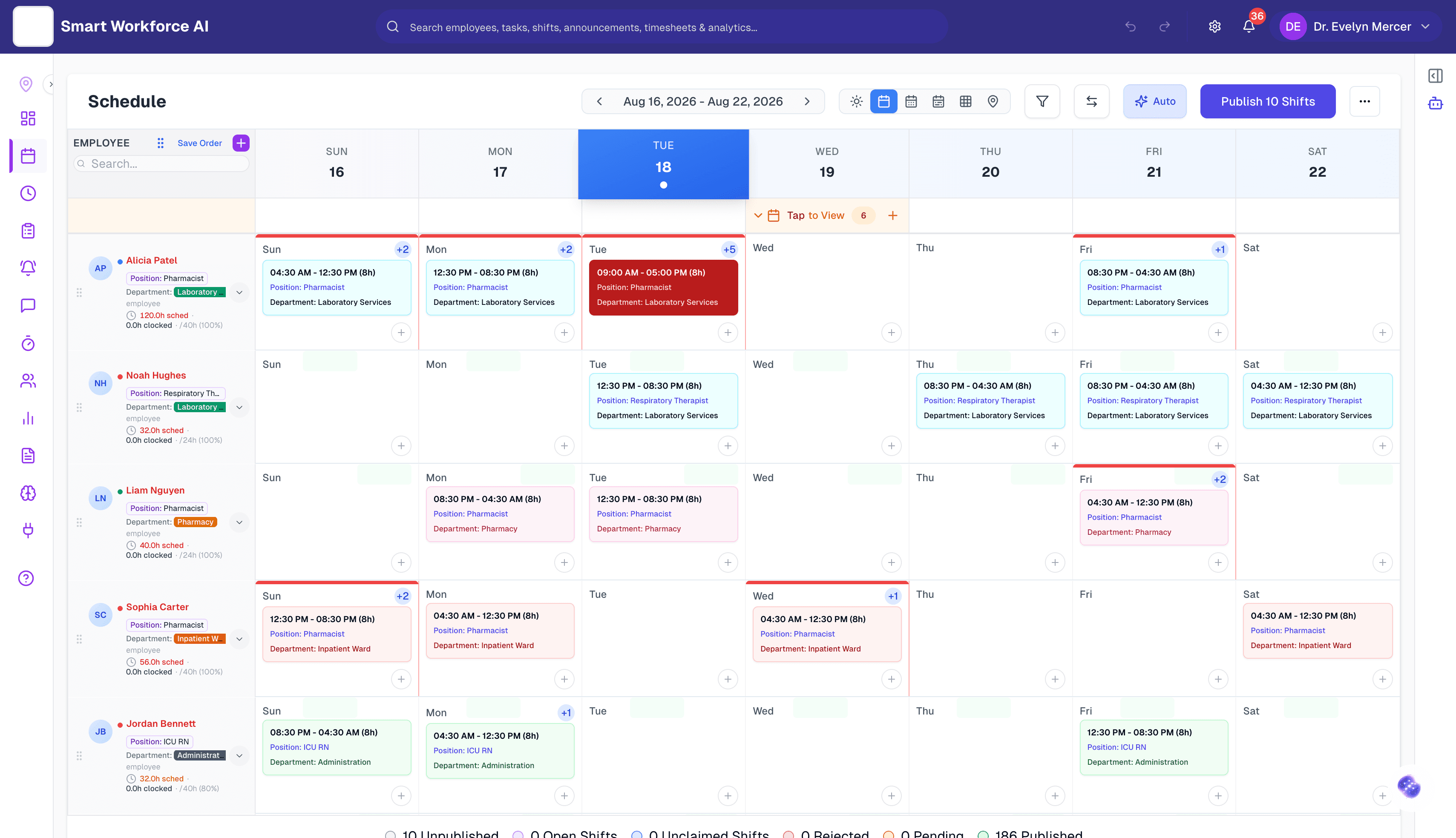 Smart Workforce AI schedule, one week across departments with AI auto-scheduling